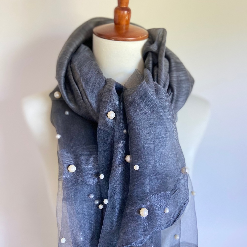 Charcoal Gray Silk Wool Pearl Studded Scarf